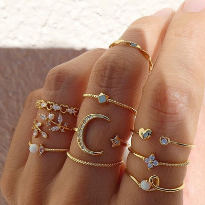 Gold Star Moon Flower Stackable Ring Set | 10 Piece