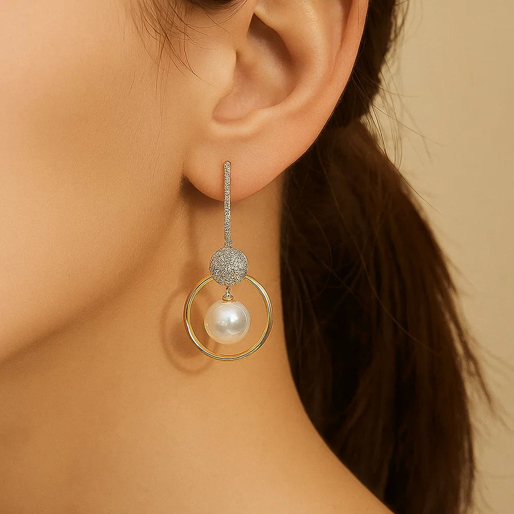Gold Pearl & Zircon Dangle Earrings
