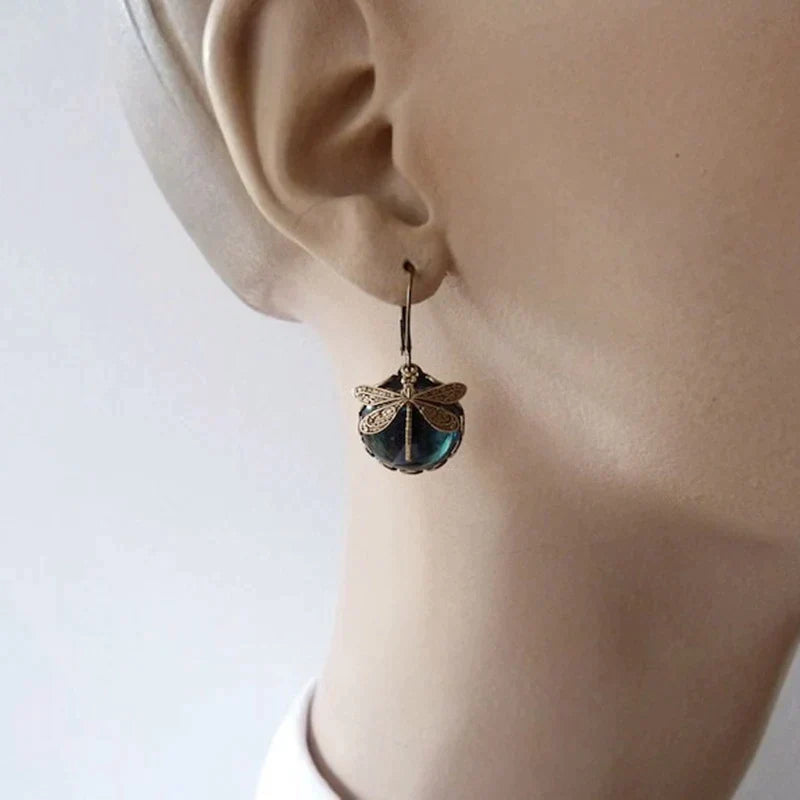 Vintage Dragonfly Moonstone Inlaid Earrings