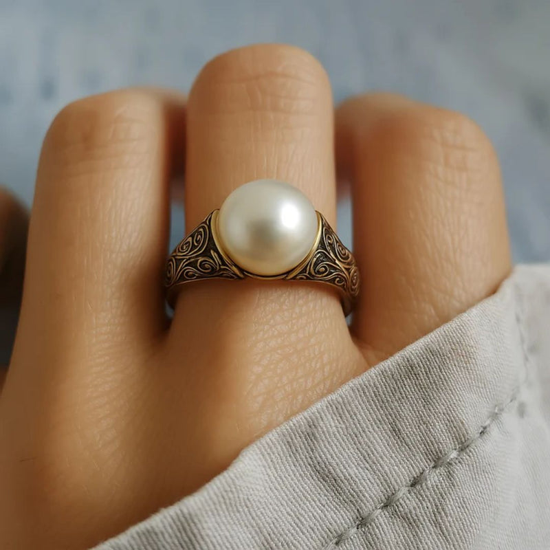 Women's Antique Style Golden Pearl Ring